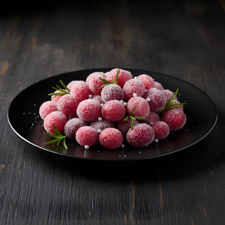 Candied cranberries arranged on a black plate creating a dramatic moody styled sceneの素材
