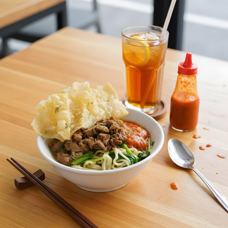 Traditional mie ayam Jakarta served in a white bowl with tasty wontonの素材