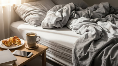 Warm morning sunlight illuminating a slow lifestyle scene with bed and breakfastの素材