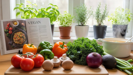 Plant based vegan meal preparation is shown in a kitchen with soft daylightの素材