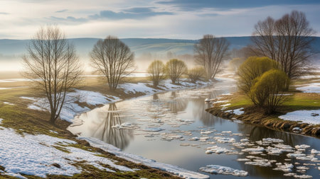 Calm early spring landscape scene with melting snow under gentle morning sunの素材