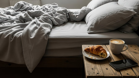 Slow morning lifestyle scene with messy bed and breakfast items in dramatic sunlightの素材