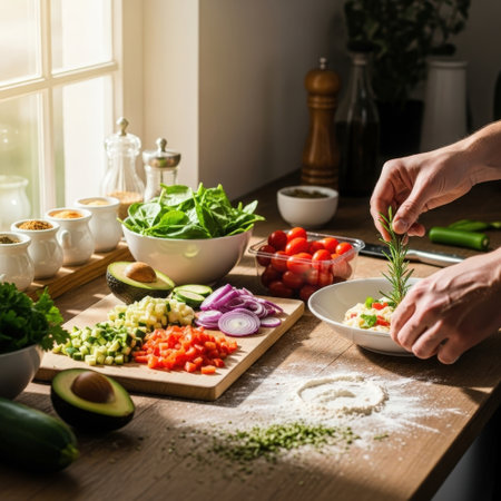 Vegan cooking process is arranged in a home kitchen with soft natural daylightの素材
