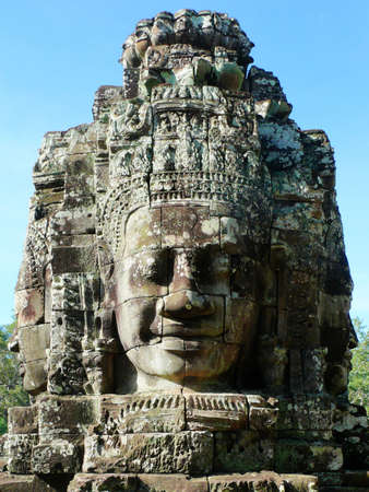 heads statue of king jayavarman vii at bayon temple, angkor thom, cambodiaの写真素材