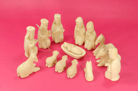 Christmas Crib Figures Curved From Wood Representing Holy Family, Vhree Wisemen, Shepherd And Animalsの写真素材