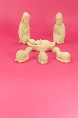 Christmas Crib Figures Curved From Wood Representing Holy Family And Animalsの写真素材