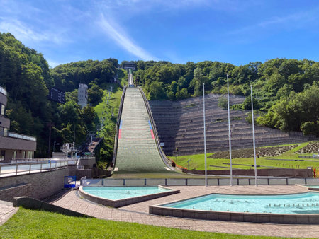 The famous Okurayama Ski Jump Stadium from the Olympics Games in Sapporo, Hokkaido, Japanのeditorial素材