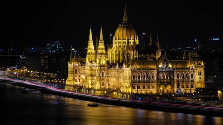 Parliament building in Budapest by nightの写真素材