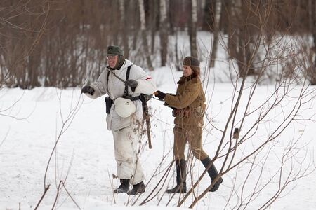 St. PETERSBURG, RUSSIA - JAN 27: Participants of historical reenactment of lifting of Leningrad siege (27.01.1944) on January 27, 2013 in St. Petersburg, Russiaのeditorial素材