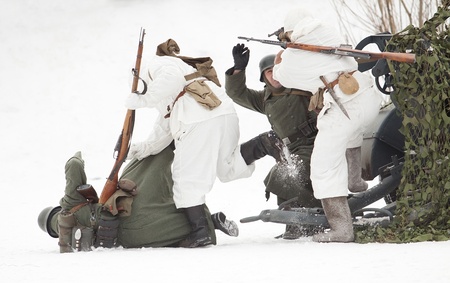 St. PETERSBURG, RUSSIA - JAN 27: Participants of historical reenactment of lifting of Leningrad siege (27.01.1944) on January 27, 2013 in St. Petersburg, Russiaのeditorial素材