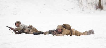 St. PETERSBURG, RUSSIA - JAN 27: Participants of historical reenactment of lifting of Leningrad siege (27.01.1944) on January 27, 2013 in St. Petersburg, Russiaのeditorial素材
