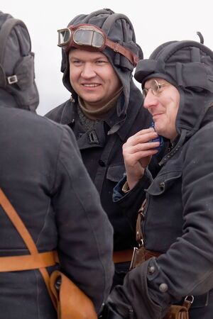 KIROVSK, RUSSIA - FEB 23: Participants of historical reenactment of breaking the siege of Leningrad (18.01.1943) on February 23, 2013 on Nevsky Pyatachok Memorial (national Russian landmark of the World War II), Kirovsk, Russia.のeditorial素材