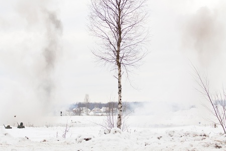 KIROVSK, RUSSIA - FEB 23: Historical reenactment of breaking the siege of Leningrad (18.01.1943) on February 23, 2013 on Nevsky Pyatachok Memorial (national Russian landmark of the World War II), Kirovsk, Russia.のeditorial素材
