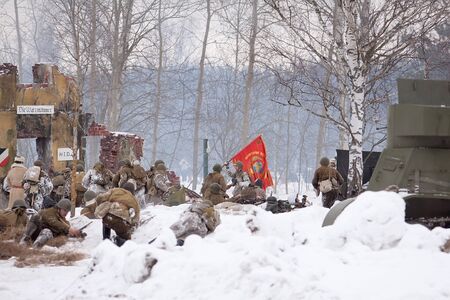 KIROVSK, RUSSIA - FEB 23: Historical reenactment of breaking the siege of Leningrad (18.01.1943) on February 23, 2013 on Nevsky Pyatachok Memorial (national Russian landmark of the World War II), Kirovsk, Russia.のeditorial素材