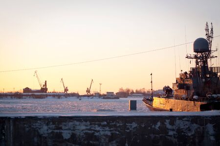 ST. PETERSBURG, RUSSIA - MAR 08: Warships on the pier in Kronstadt on March 08, 2013 in St....