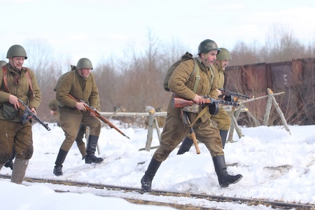 TESSOVO-NETYLSKI, RUSSIA - APR 07: Historical reenactment of the battles for the corridor supply the 2nd Shock Army (april-may 1942) on april 07, 2013 in Tessovo-Netylski, Novgorod region, Russiaのeditorial素材