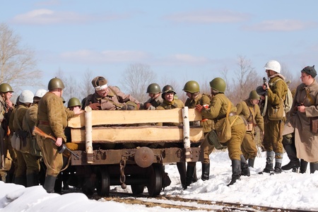 TESSOVO-NETYLSKI, RUSSIA - APR 07: Historical reenactment of the battles for the corridor supply the 2nd Shock Army (april-may 1942) on april 07, 2013 in Tessovo-Netylski, Novgorod region, Russiaのeditorial素材