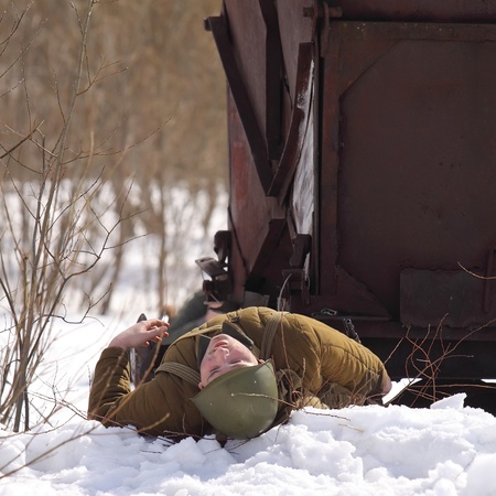TESSOVO-NETYLSKI, RUSSIA - APR 07: Historical reenactment of the battles for the corridor supply the 2nd Shock Army (april-may 1942) on april 07, 2013 in Tessovo-Netylski, Novgorod region, Russiaのeditorial素材