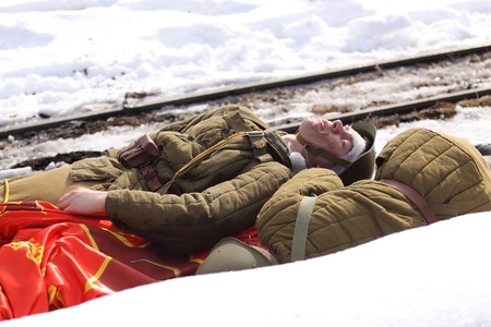 TESSOVO-NETYLSKI, RUSSIA - APR 07: Historical reenactment of the battles for the corridor supply the 2nd Shock Army (april-may 1942) on april 07, 2013 in Tessovo-Netylski, Novgorod region, Russiaのeditorial素材