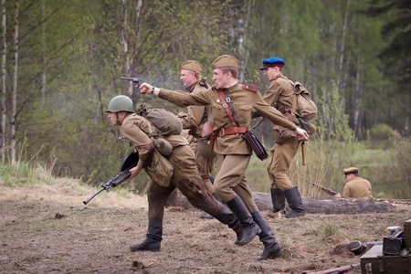 ST. PETERSBURG, RUSSIA - MAY 12: Historical reenactment of the combats in may 1945 in Czechoslovakia on May 12, 2013 in St. Petersburg, Russia.のeditorial素材