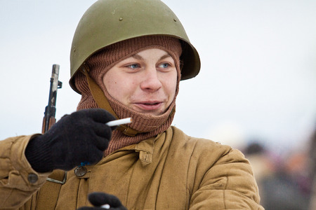 POROZHKI, RUSSIA - JAN 26: Historical reenactment of lifting the siege of Leningrad (27.01.1944) on January 26, 2014 in Porozhki, Russiaのeditorial素材