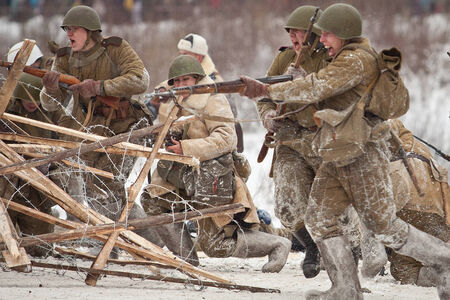 POROZHKI, RUSSIA - JAN 26: Historical reenactment of lifting the siege of Leningrad (27.01.1944) on January 26, 2014 in Porozhki, Russiaのeditorial素材