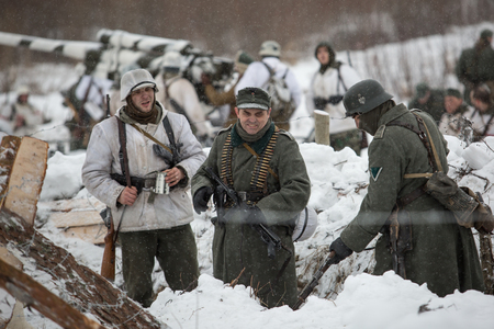 POROZHKI, LENINGRAD REGION, RUSSIA - JAN 25: Historical reenactment of the Operation January Thunder (campaign between the Soviet Leningrad Front and the German 18th Army in January 1944) on January 25, 2015 in Porozhki, Leningrad region, Russia.のeditorial素材