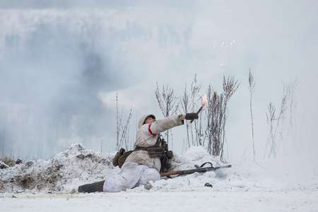 POROZHKI, LENINGRAD REGION, RUSSIA - JAN 25: Historical reenactment of the Operation January Thunder (campaign between the Soviet Leningrad Front and the German 18th Army in January 1944) on January 25, 2015 in Porozhki, Leningrad region, Russia.のeditorial素材