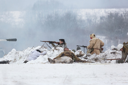 POROZHKI, LENINGRAD REGION, RUSSIA - JAN 25: Historical reenactment of the Operation January Thunder (campaign between the Soviet Leningrad Front and the German 18th Army in January 1944) on January 25, 2015 in Porozhki, Leningrad region, Russia.のeditorial素材