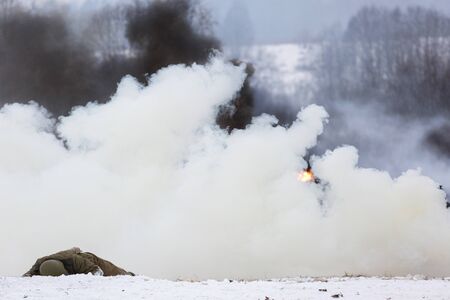 POROZHKI, LENINGRAD REGION, RUSSIA - JAN 25: Historical reenactment of the Operation January Thunder (campaign between the Soviet Leningrad Front and the German 18th Army in January 1944) on January 25, 2015 in Porozhki, Leningrad region, Russia.のeditorial素材