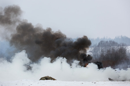 POROZHKI, LENINGRAD REGION, RUSSIA - JAN 25: Historical reenactment of the Operation January Thunder (campaign between the Soviet Leningrad Front and the German 18th Army in January 1944) on January 25, 2015 in Porozhki, Leningrad region, Russia.のeditorial素材