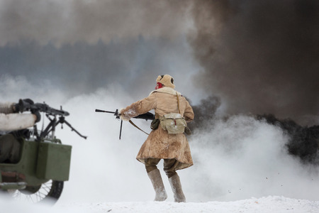 POROZHKI, LENINGRAD REGION, RUSSIA - JAN 25: Historical reenactment of the Operation January Thunder (campaign between the Soviet Leningrad Front and the German 18th Army in January 1944) on January 25, 2015 in Porozhki, Leningrad region, Russia.のeditorial素材