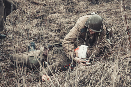 ST. PETERSBURG, RUSSIA - APR 26: Historical reenactment of the last combats of world war two in Europe on april 26, 2015 in St. Petersburg, Russiaのeditorial素材