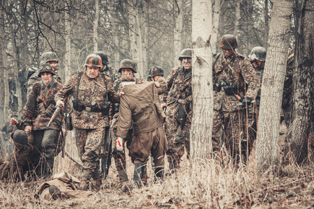 ST. PETERSBURG, RUSSIA - APR 26: Historical reenactment of the last combats of world war two in Europe on april 26, 2015 in St. Petersburg, Russiaのeditorial素材