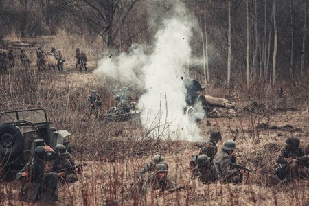 ST. PETERSBURG, RUSSIA - APR 26: Historical reenactment of the last combats of world war two in Europe on april 26, 2015 in St. Petersburg, Russiaのeditorial素材