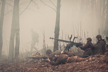 ST. PETERSBURG, RUSSIA - APR 26: Historical reenactment of the last combats of world war two in Europe on april 26, 2015 in St. Petersburg, Russiaのeditorial素材