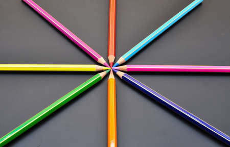 Many colored pencils close up, metaphor of strategy and teamworkの写真素材
