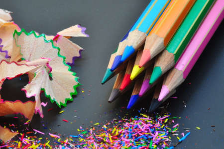Conceptual photo representing what we are and what we could become, shown through colored pencils with colored shavings.の写真素材