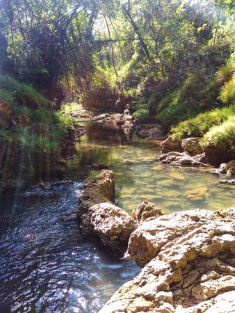 A small river with limestone on its edge. Go along the winding river in the morning.の写真素材