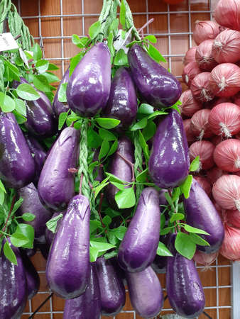 Artificial eggplant hanging for sale.の写真素材