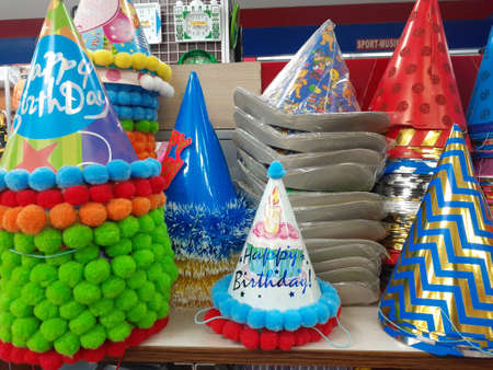 Party hat with Happy Birthday. Birthday party hats sold in supermarket.の写真素材