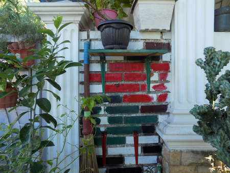 Plants between colored brick walls outdoor.の写真素材