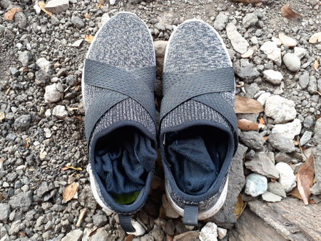 Shoes seen from above. Black gray sneakers.の写真素材