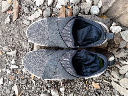 Sneakers seen from above. Black gray shoes.の写真素材