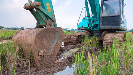 Excavator working on a rice field, close-up. Housing development.の写真素材