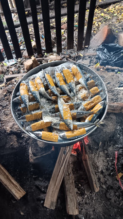 Salmon steamed with firewood in a rundown village.の写真素材