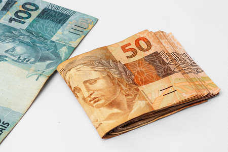 Brazilian money brazil currency in white background.の写真素材