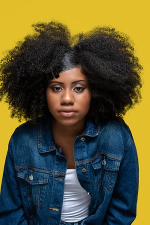 portrait of afro brazilian model wearing blue jeans jacket looking at camera isolated on yellow backgroundの写真素材