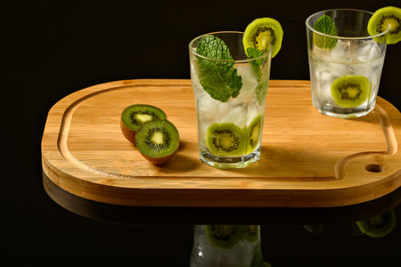 two glasses with iced drink decorated with kiwi mint and ice, on an insulated wooden board on a black backgroundの写真素材