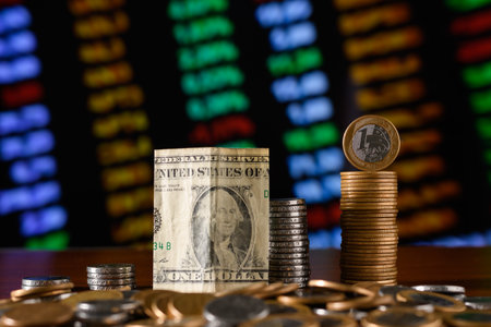 Stack of coins and one dollar bill on the background of the stock Stack of Brazilian coins and US dollar bill on the background of the stock exchange.の写真素材